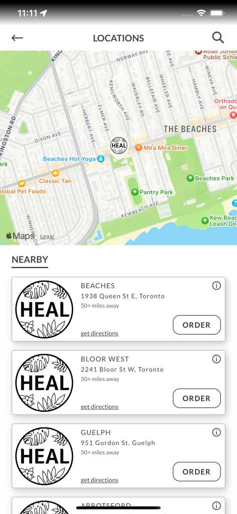Heal Wellness app screen showing a map and a list of nearby store locations with order buttons.