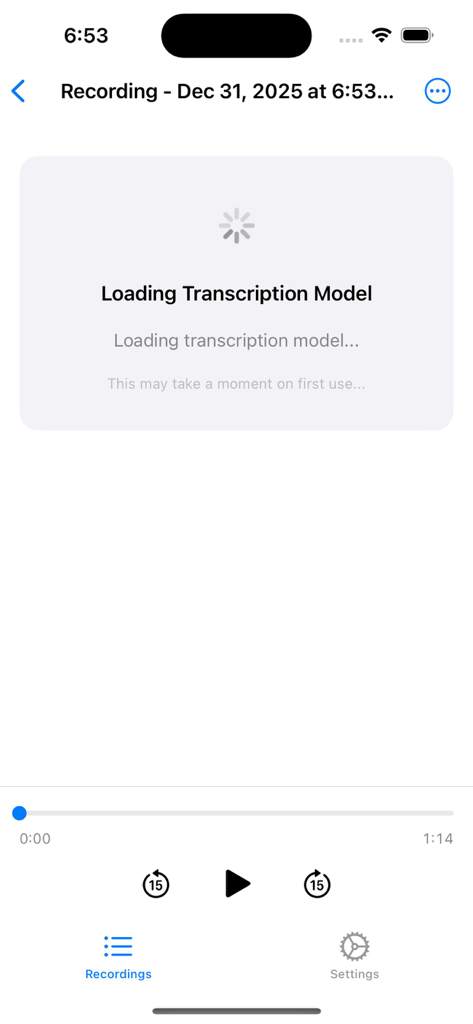 SecureVox - Interface of SecureVox app showing the on-device AI transcription model loading for a recorded audio file.