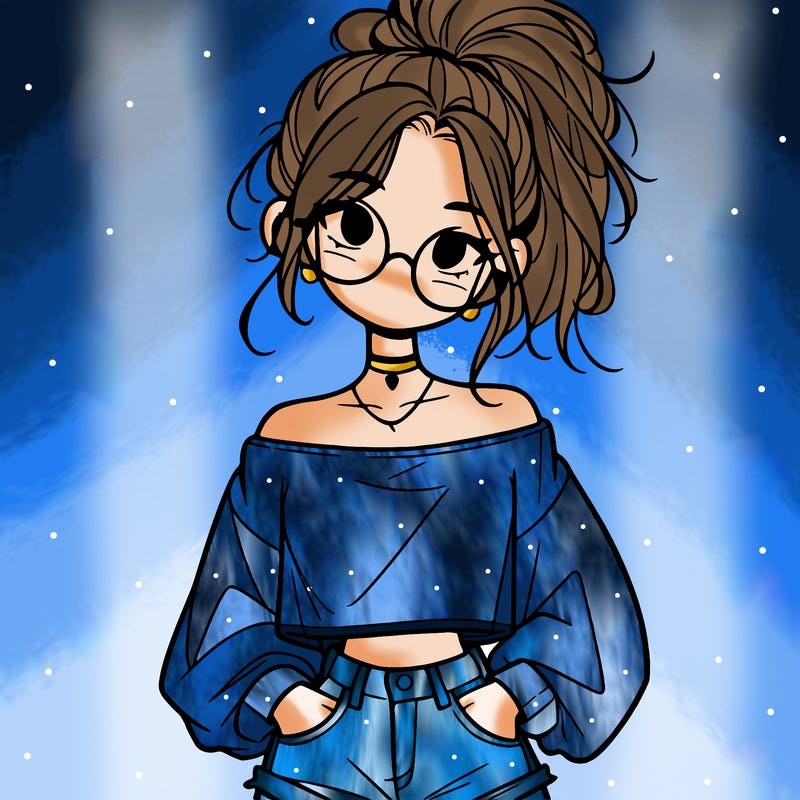 girl with a messy ponytail glasses a baggy crop top and jean shorts