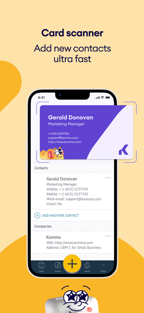 새 연락처를 빠르게 추가하기 위한 Kommo 모바일 앱 명함 스캐너 인터페이스