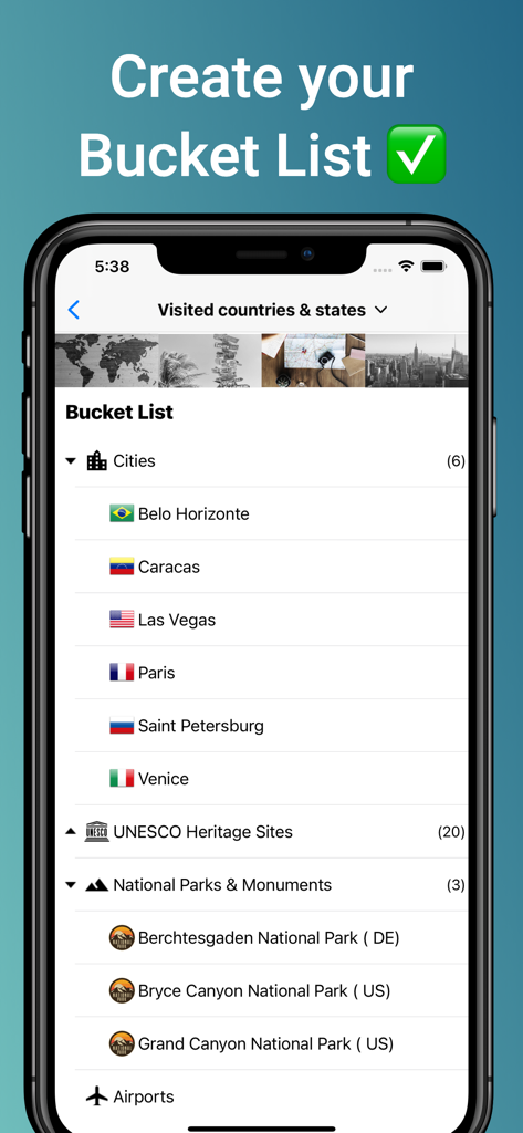 Places Been - Travel Tracker - A mobile app screen showing a travel bucket list with cities and national parks