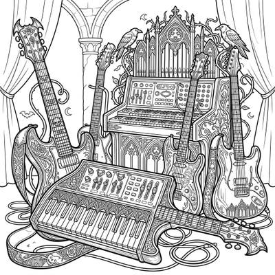 Dive into a world of dark elegance with this unique coloring page featuring Gothic-inspired guitar synthesizers. Intricate designs and ornate musical instruments await your creative touch, perfect for fans of music and gothic aesthetics.