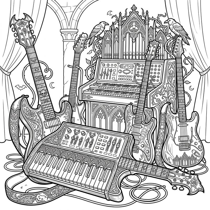 Dive into a world of dark elegance with this unique coloring page featuring Gothic-inspired guitar synthesizers. Intricate designs and ornate musical instruments await your creative touch, perfect for fans of music and gothic aesthetics.