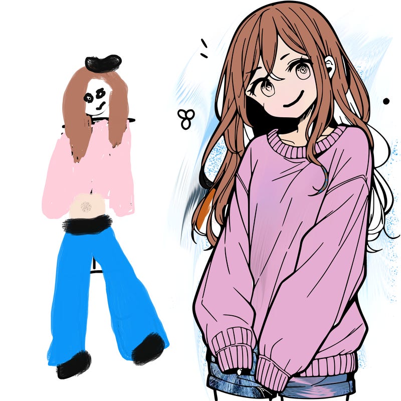 manga teen girl  in a sweater and baggy pants