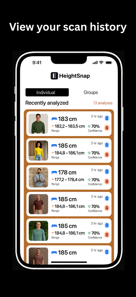 Height Measure - HeightSnap - HeightSnap app interface showing a list of recently analyzed height scans with confidence scores