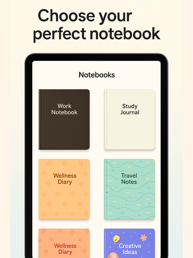 Écran d'iPad affichant diverses couvertures de carnets numériques personnalisables pour le travail, les études et le bien-être
