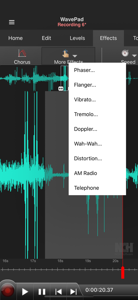 WavePad Music and Audio Editor - WavePad audio editor interface displaying a turquoise waveform and the more effects dropdown menu