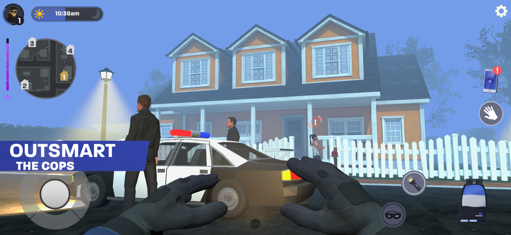 Thief Simulator: Sneak & Steal - Vista en primera persona de un ladrón escondiéndose de la policía detrás de un coche patrulla fuera de una casa