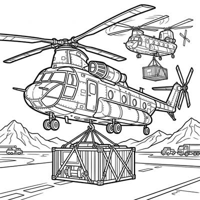 Unleash your creativity with this detailed coloring page featuring powerful heavy-lift helicopters in action. Watch as these incredible machines transport massive cargo, ready for your artistic touch.