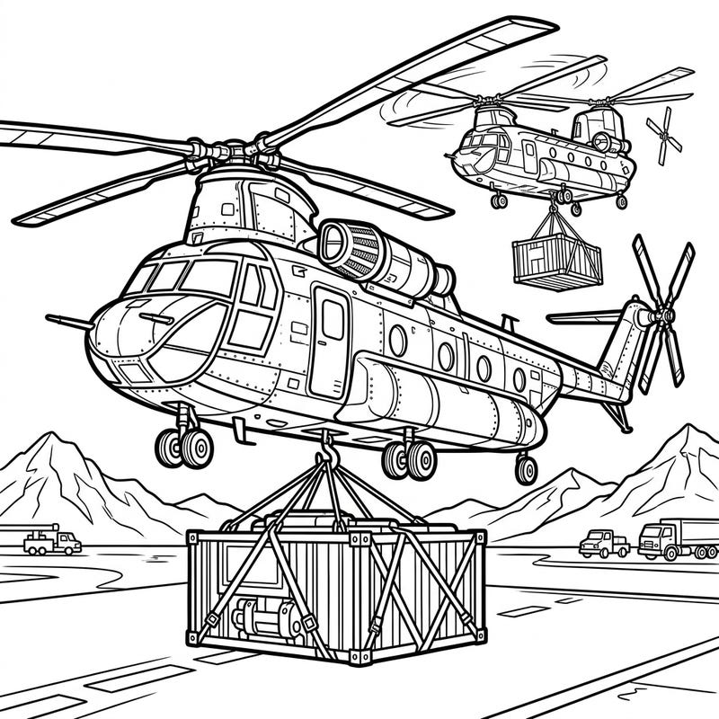 Unleash your creativity with this detailed coloring page featuring powerful heavy-lift helicopters in action. Watch as these incredible machines transport massive cargo, ready for your artistic touch.