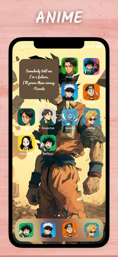 4k Wallpapers, Widgets: Plaw - Anime themed iPhone home screen with custom app icons and motivational quote widget
