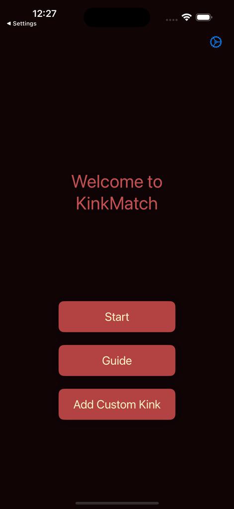 KinkMatch - The welcome screen of the KinkMatch app featuring Start Guide and Add Custom Kink buttons on a dark theme interface.