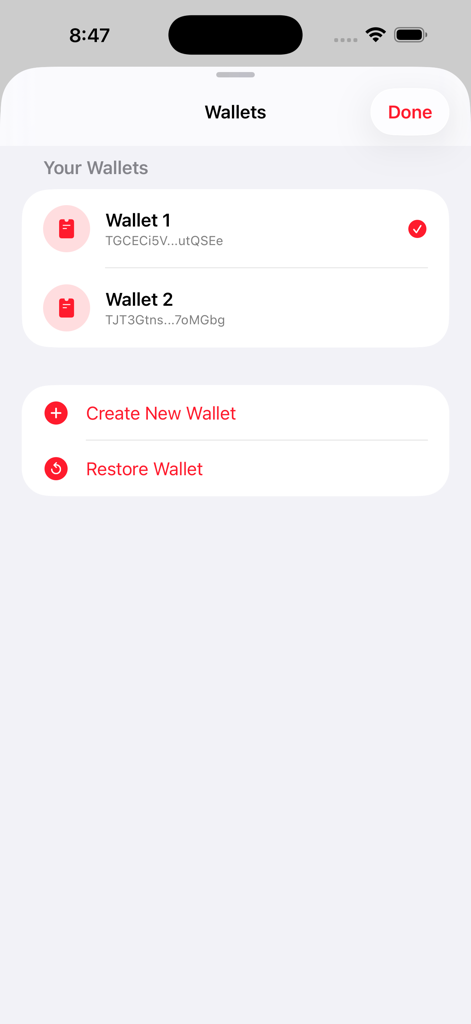 GoTRX 앱 인터페이스에 계정 생성 또는 복원 옵션이 있는 여러 TRON 지갑 목록이 표시됩니다.