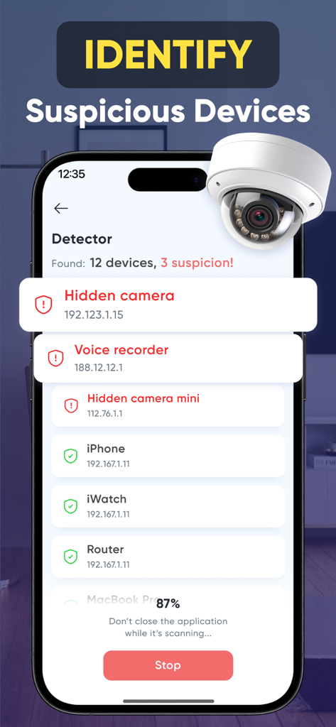 Spy Camera Scanner - SpyGuard - SpyGuardアプリのインターフェース。隠しカメラやボイスレコーダーなどの不審なデバイスの検出を表示
