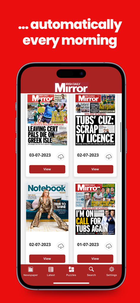 L'interface de l'application Irish Mirror montrant les éditions quotidiennes disponibles en téléchargement.