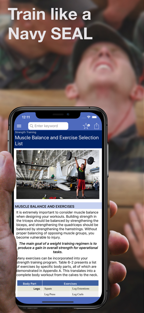 A smartphone displaying the Navy SEAL Fitness app page on muscle balance and exercise selection.