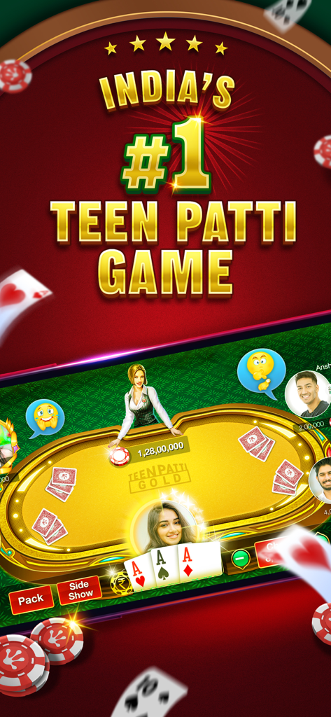 Teen Patti Gold mobile game interface showing a virtual card table with players and the headline Indias number one Teen Patti game