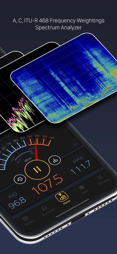 Smartphone screen displaying Decibel X PRO with noise level meter and spectrum analyzer.