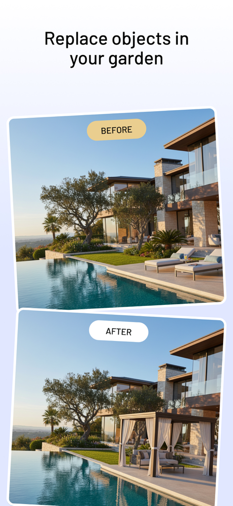 Vorher-Nachher-Vergleich eines luxuriösen Poolbereichs, der den Austausch von Liegestühlen gegen ein Gazebo mit KI zeigt