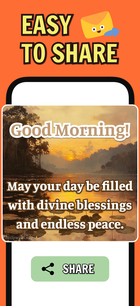 Good Morning Messages & Wishes - Good morning message with sunrise lake view and share button