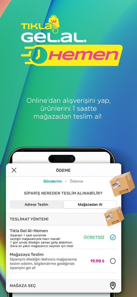 Watsons Mobile App-Bildschirm, der Click & Collect- und Abholoptionen im Geschäft anzeigt