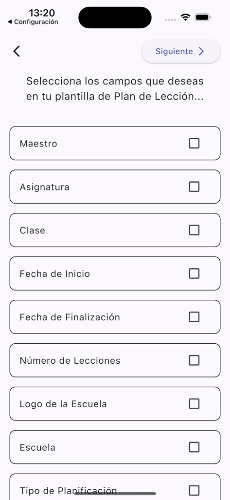 Lesson Plan Maker - A menu in the Lesson Plan Maker app for selecting custom template fields like teacher name, subject, and school.