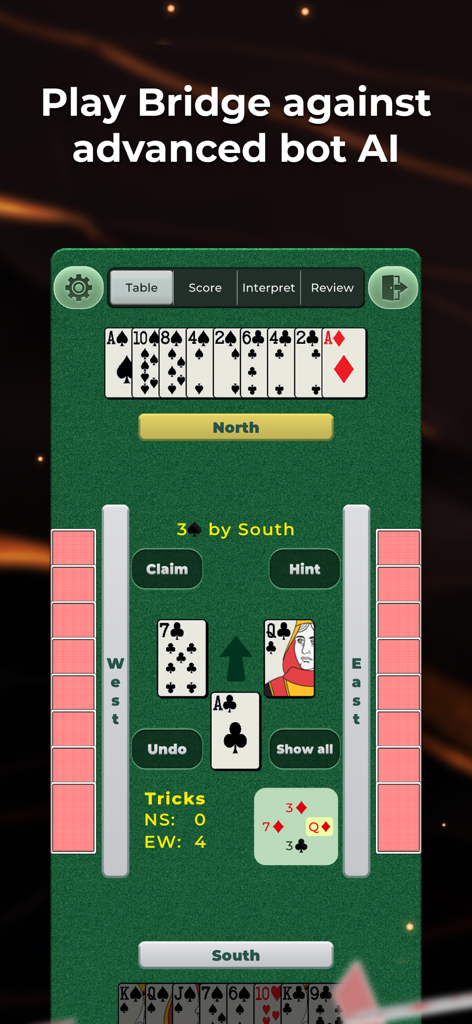 Bridge Baron mobile app gameplay showing a bridge card game against AI bots on a green table interface
