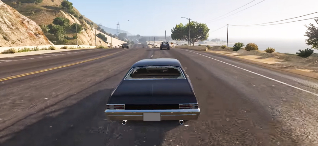 Street Gangster Crime City War - Third-person view of a black muscle car driving on an open road in a gangster crime simulator