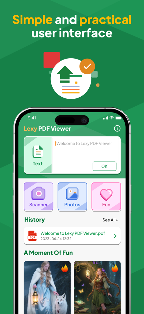 Lexy PDF Viewer-Maker,Builder - User interface of Lexy PDF Viewer app displaying options for text to PDF conversion document scanning and photo merging.