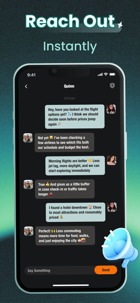 Voya - Share Your Journey - Un écran de smartphone montrant l'interface de chat de l'application Voya où les voyageurs planifient leur voyage ensemble.