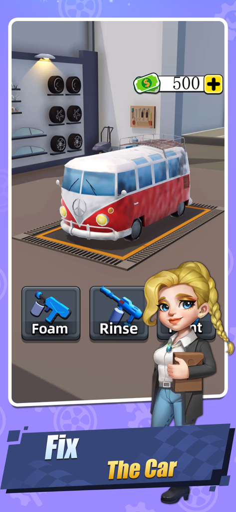 Car Fix Inc - Mechanic Garage - A vintage red and white van in a mechanic garage with foam and rinse options for restoration.