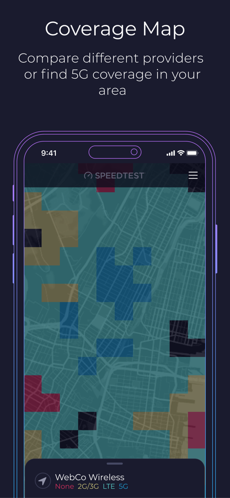 A mobile screen showing the Speedtest by Ookla coverage map feature with 5G and LTE data by provider