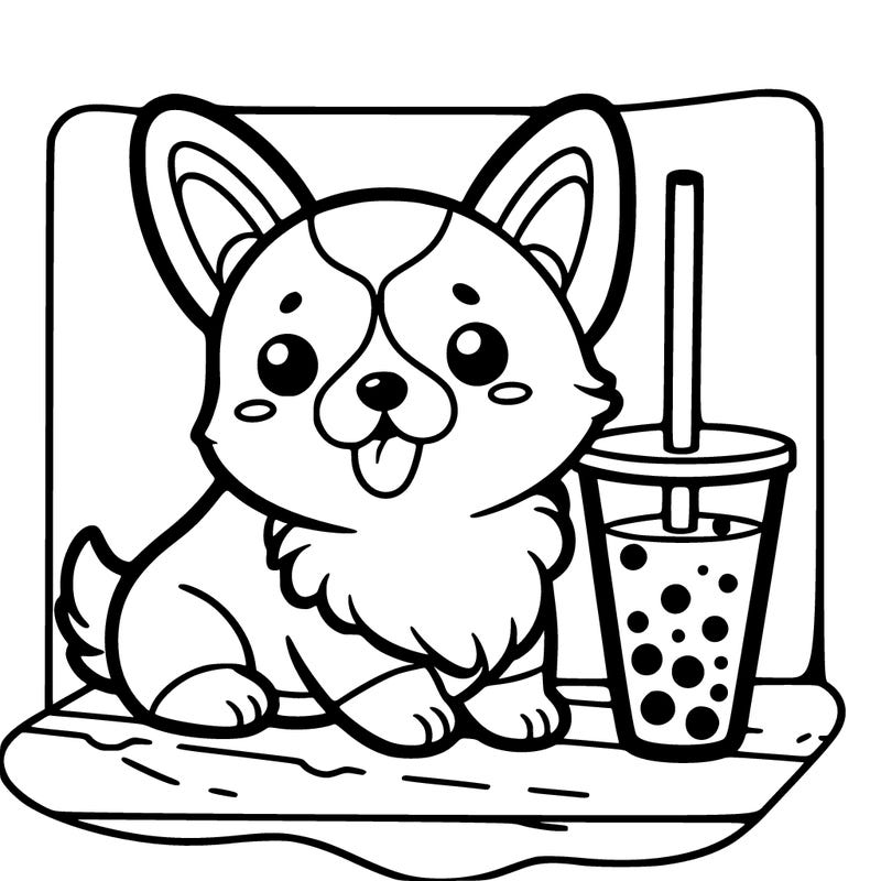 welsh corgi in a boba tea