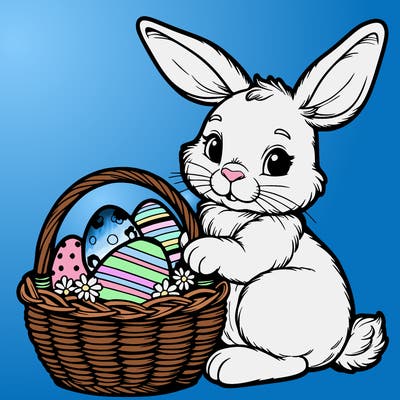 easter bunny with a basket with eggs realistic