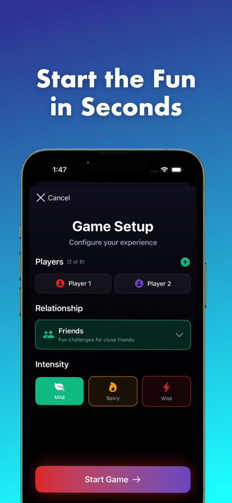 Truth or Dare Adults Only - Game setup screen for Truth or Dare Adults Only app showing player selection and game intensity levels.