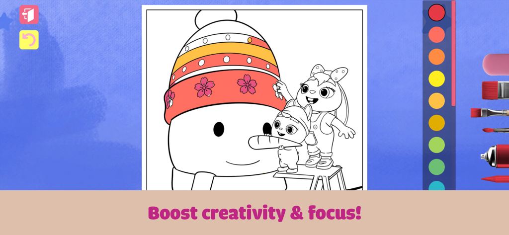 Eli Kids: Coloring Book - A coloring activity screen from Eli Kids app featuring a snowman character and various coloring tools with a caption about boosting creativity and focus