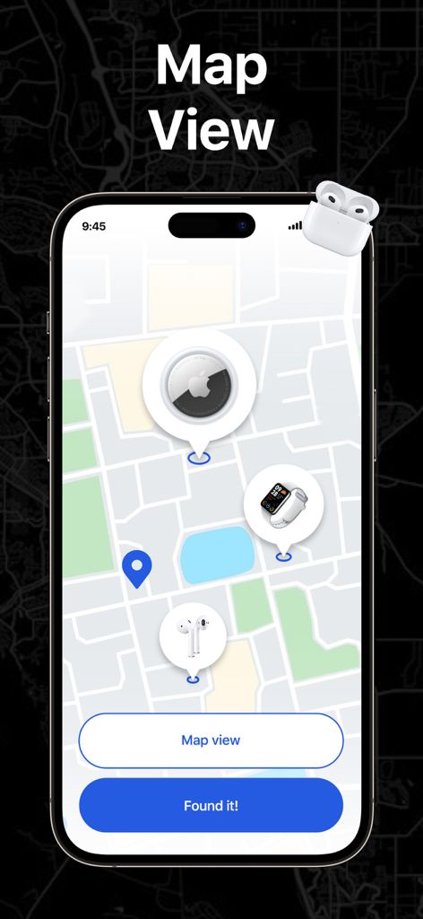 Interfaz de mapa de la app Air Find mostrando las ubicaciones de AirTag, Apple Watch y AirPods rastreados