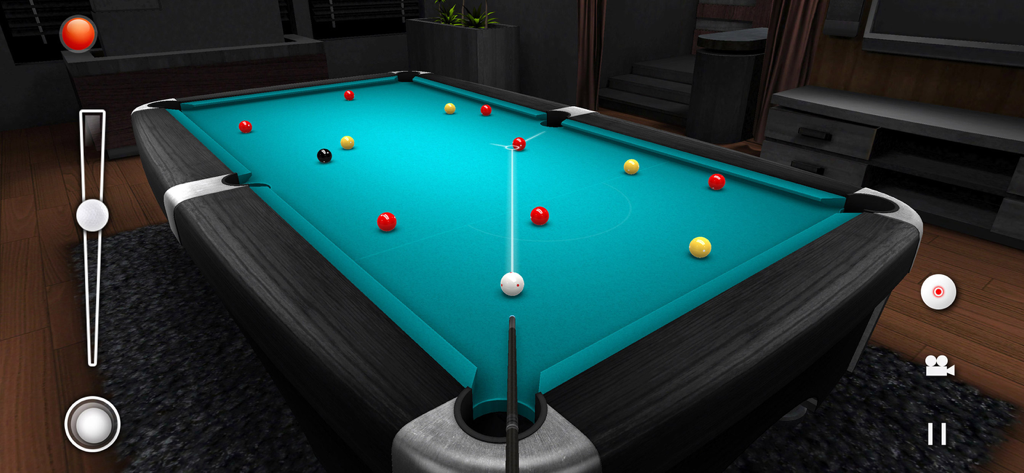 Real Pool 3D gameplay showing a snooker match on a teal table with a cue stick aiming at the white ball
