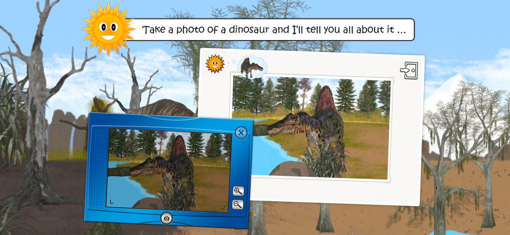 Dinosaurs (full game) - Una captura de pantalla de un juego educativo de dinosaurios para niños que muestra la función de fotografía y aprendizaje con un Spinosaurus