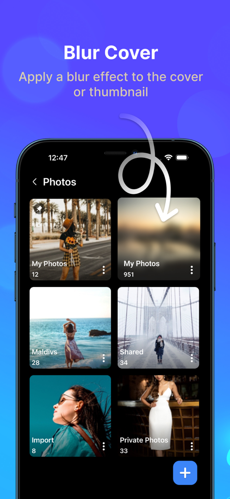 Piano⁺ Vault - Hide Photos - Piano Vault app interface showing how to apply a blur effect to photo folder cover thumbnails for privacy