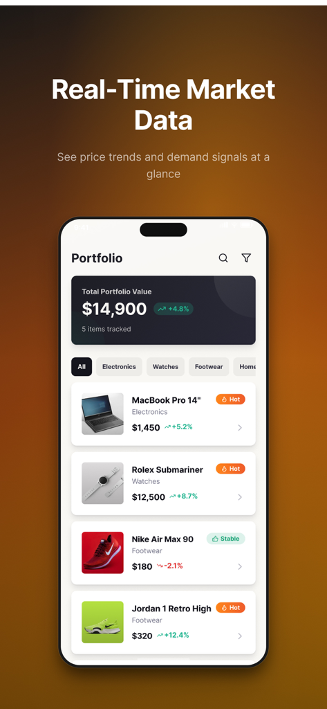 Value Scout - Value Scout mobile app interface showing a portfolio of tracked items with real time market values and price trends.
