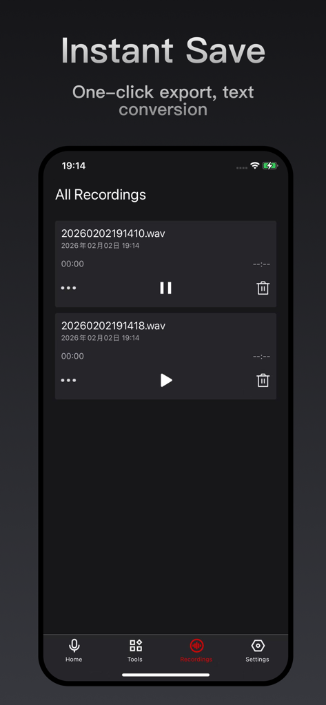 录音专家 - 您的随身录音笔 - Uma lista de arquivos de áudio salvos no aplicativo Recording Expert mostrando opções de reprodução, exclusão e conversão de texto.