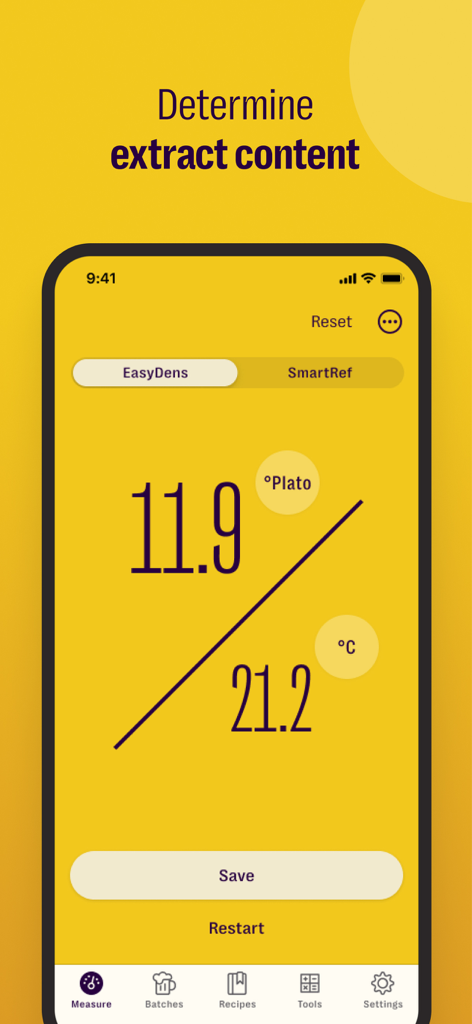 Brew Meister: Measure & Manage - Brew Meister app interface showing a 11.9 degrees Plato measurement and temperature reading.