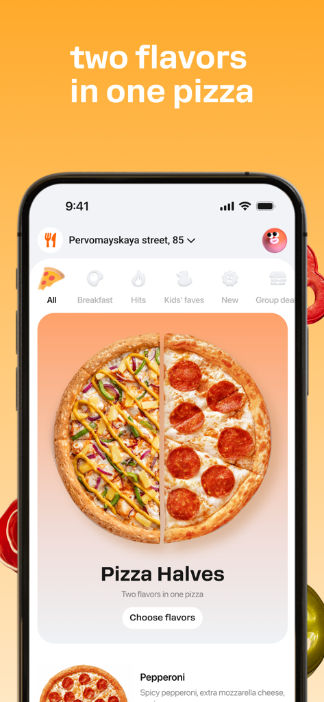 Dodo Pizza Delivery - Dodo Pizza app interface showing the two flavors in one pizza customization feature