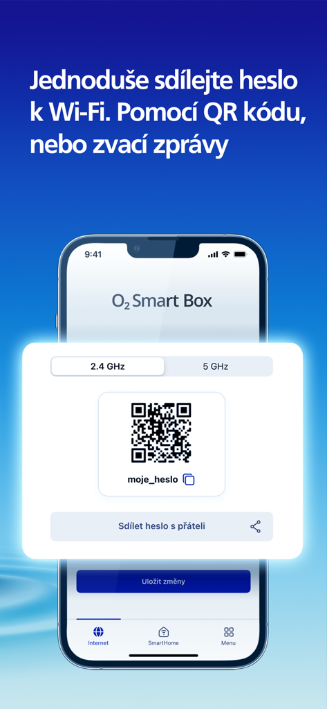 O2 Smart Box - O2 Smart Box app interface showing Wi-Fi password sharing via QR code