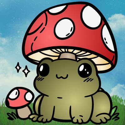a cute frog with a mushroom hat