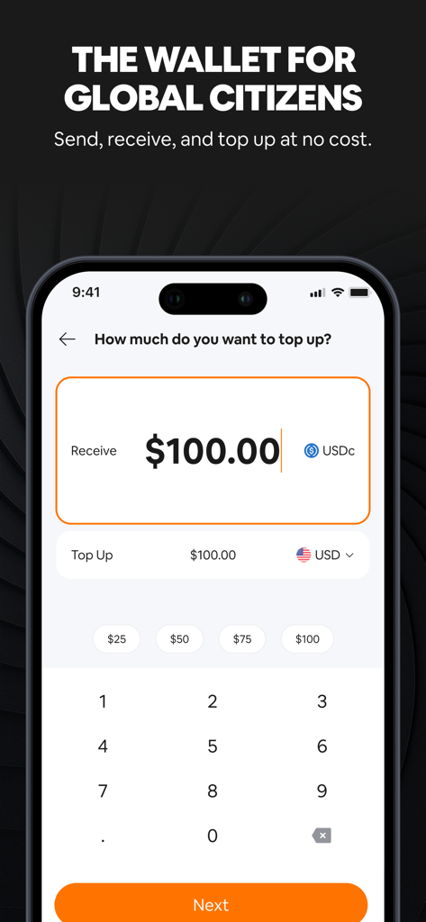 Kontigo Global - Interface de l'application Kontigo Global montrant le processus de recharge d'un portefeuille numérique de USD à USDC