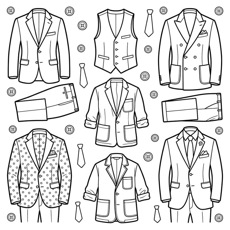 Get ready to design your very own fashion collection with this exciting coloring page! Little artists can bring stylish suits, blazers, vests, and ties to life with their favorite colors.