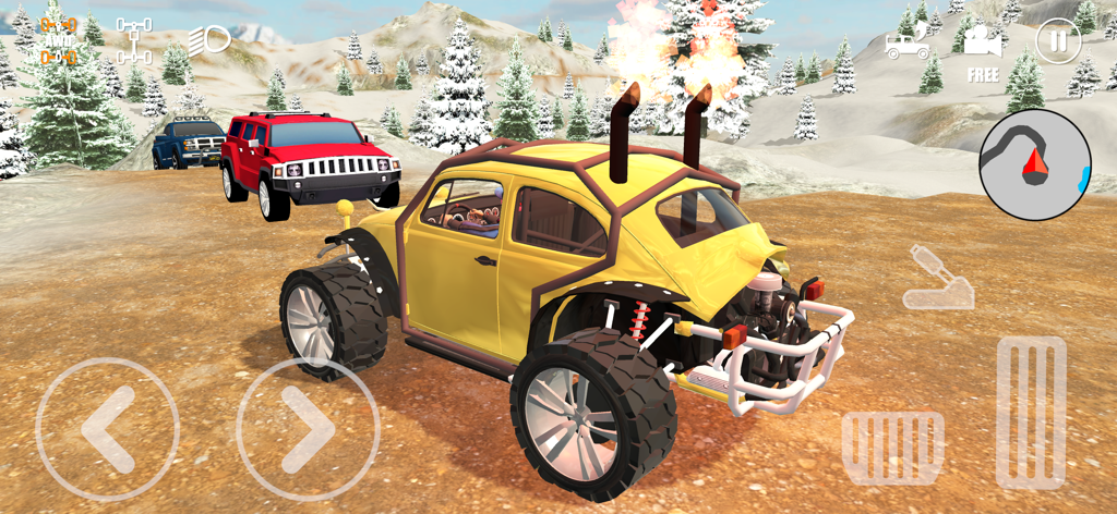 Offroad Driving School 4x4 - A yellow custom off-road buggy driving in a snowy mountain landscape in the Offroad Driving School 4x4 simulator.