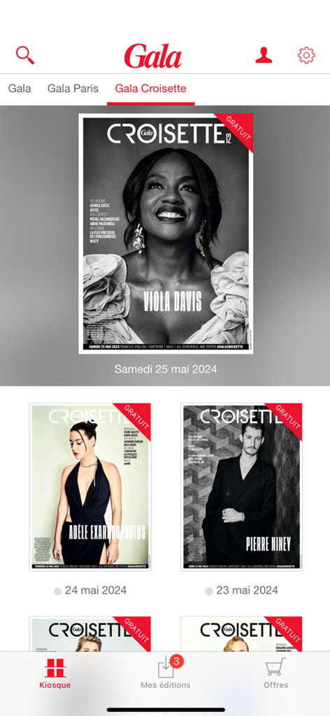 Gala magazine app digital newsstand showing Croisette covers with Viola Davis and other celebrities
